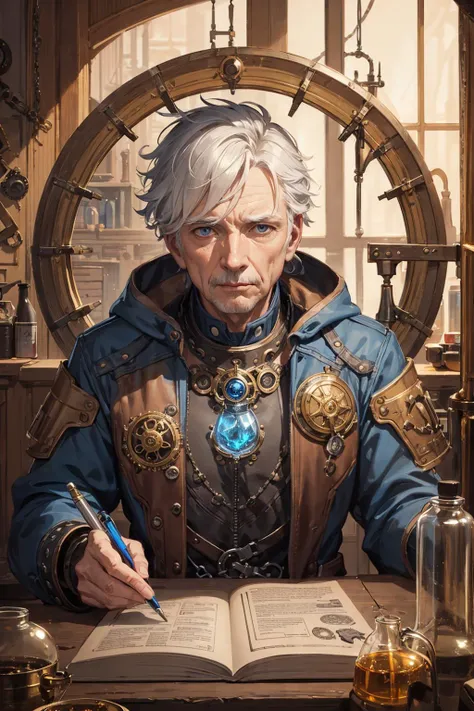 absurdres, highres, (official art, beautiful and aesthetic:1.2),   zentangle, 
(1man,  old  male:1.2), frail,  blue eyes, white hair, mid-fade,
 looking at viewer, solo, (full body:0.6), detailed background, detailed face, (<lora:style_steampunkai10MBLora_...