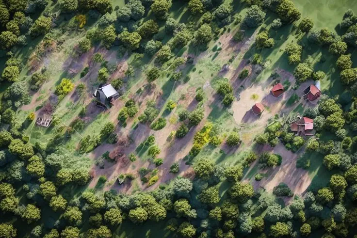 aerial view of a small farm in the middle of a forest