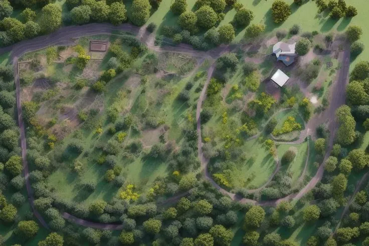 aerial view of a small house in a wooded area