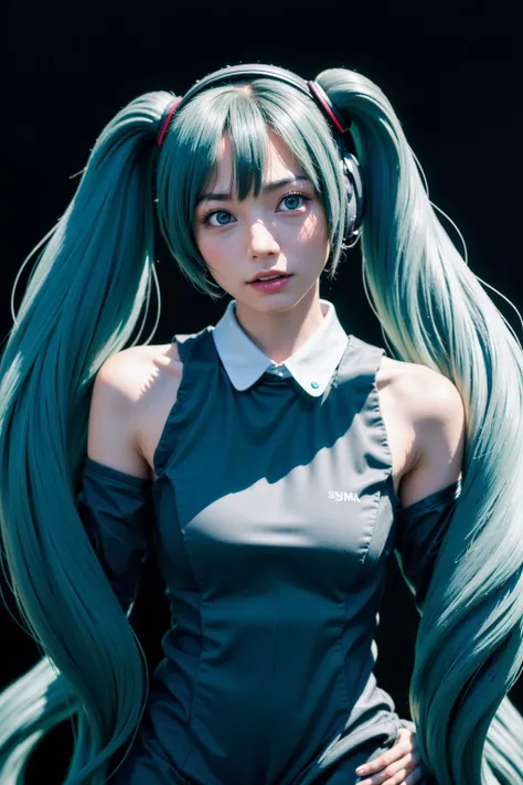 professional photo,(1girl),detail skin, beautiful skin, black tshirt, a beautiful girl,dark background ,hatsune_miku,<lora:Hatsune_miku_NT:0.8>,looking at viewer,blue hiar, SIGMA 85 mm F/1.4, Bounce Lighting, looking to the side, 