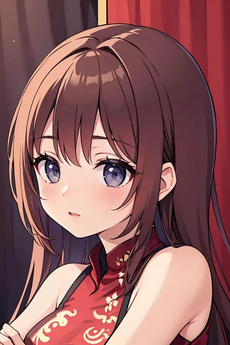 anime girl with long brown hair and blue eyes in a red dress