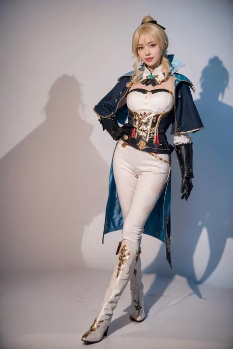 best quality, masterpiece, photorealistic, 1girl, solo, standing, full body, looking at viewer, smile, closed mouth, jean cosplay costume, cosplay, ponytail, blonde hair, bangs, capelet, corset, gloves, belt, pants, tight pants, boots, high heel boots, sim...