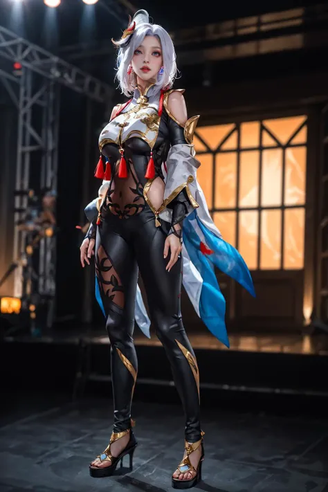 highres,absurdres,masterpiece,best quality,original,extremely detailed CG,extremely detailed wallpaper,perfect lighting,jitome,lips,makeup,standing on the stage,blurry background,
<lora:genshin_Shenhe_cosplay_v1:0.6>,shenhe cosplay costume,black bodysuit,b...