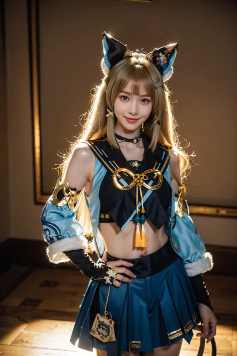 best quality, masterpiece, photorealistic, 1girl, solo, standing, cowboy shot, (looking at viewer:1.2), closed mouth, kirara cosplay costume, kirara, cosplay, blonde hair, long hair, hair ornament, sailor collar, crop top, detached sleeves, skirt, cat ears...