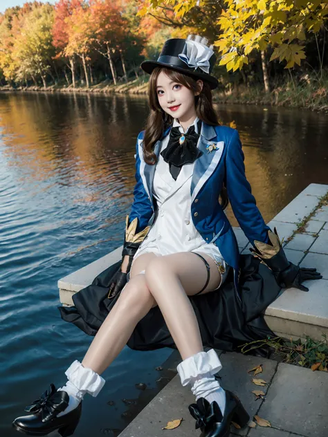 1girl,solo, red eyes,brown hair,long hair,smile,
full body,autumn,lake,
 <lora:genshin_Furina_cosplay_v1:0.6>
furina cosplay, furina, cosplay, suit jacket, shirt, shorts, jacket, bow, asymmetrical gloves, long sleeves,top hat, thigh strap, white socks, sho...