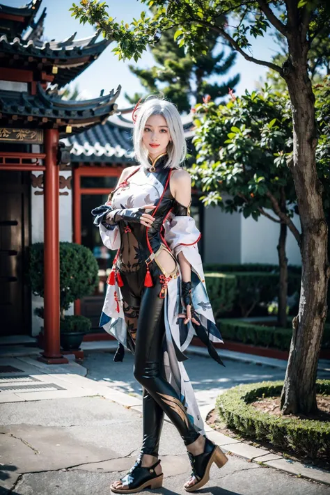 best quality, masterpiece, photorealistic, 1girl, solo, arms at side, full body, looking at viewer, closed mouth, hair between eyes, expressionless, shenhe cosplay costume, cosplay, white hair, black bodysuit, breast curtain, shoulder cutout, partially fin...