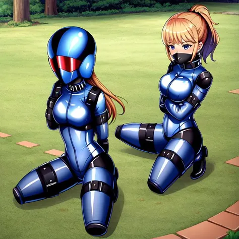 two anime girls in blue and black outfits sitting on a green field