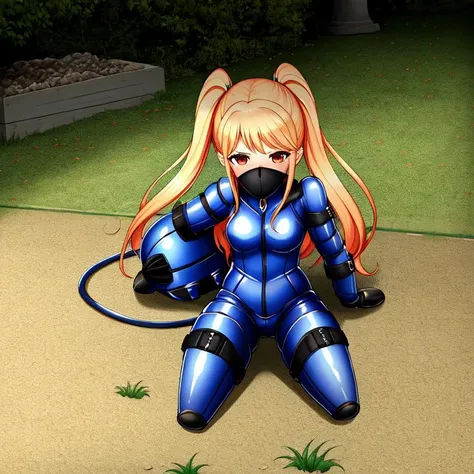 anime girl in blue suit sitting on the ground with a hose