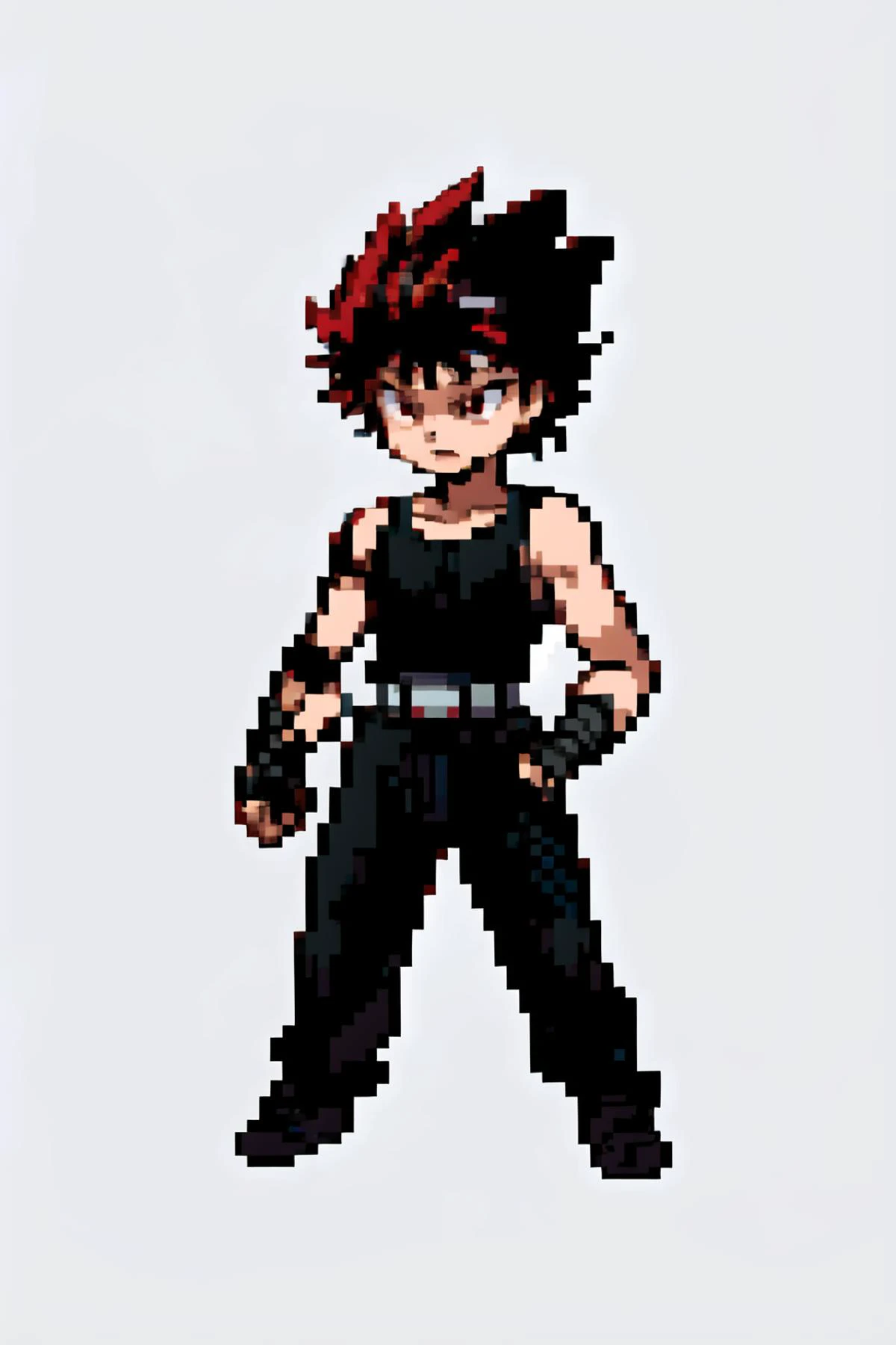 1boy, standing, (best quality, masterpiece), simple background , <lora:pksp_trainer_V1:1.0>, gen6, adult, hiei, <lora:hiei-lora-nochekaiser:1>, hiei, black hair, spiked hair, (red eyes:1.5), headband, BREAK belt, tank top, pants, black pants, black top, (b...