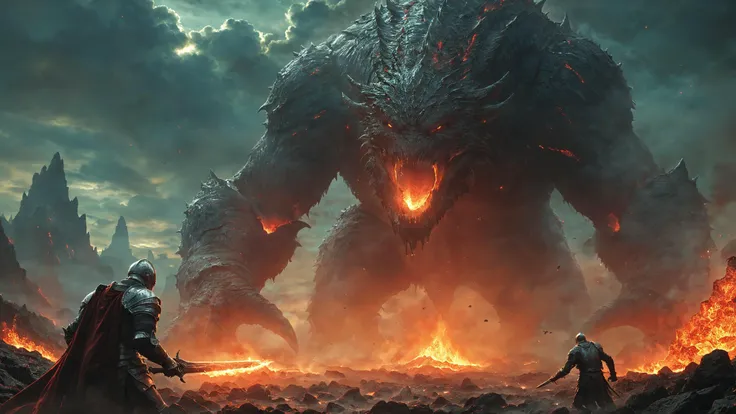 a giant monster with two men standing in front of it