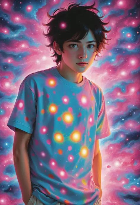 a painting of a boy with a shirt that has a lot of stars on it