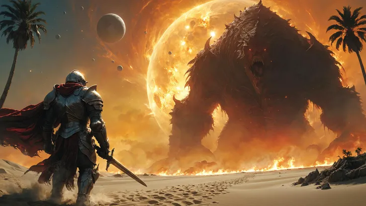 a man in armor walking through a desert with a giant monster in the background