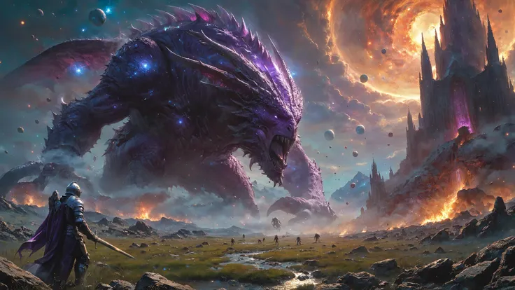 a man standing in front of a giant dragon in a fantasy landscape