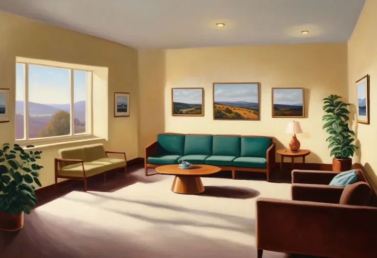 painting of a living room with a couch