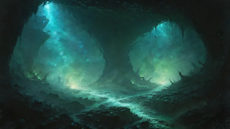 a painting of a cave with a river running through it