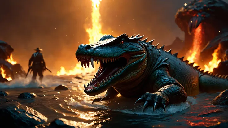 a close up of a dinosaur in the water with flames in the background