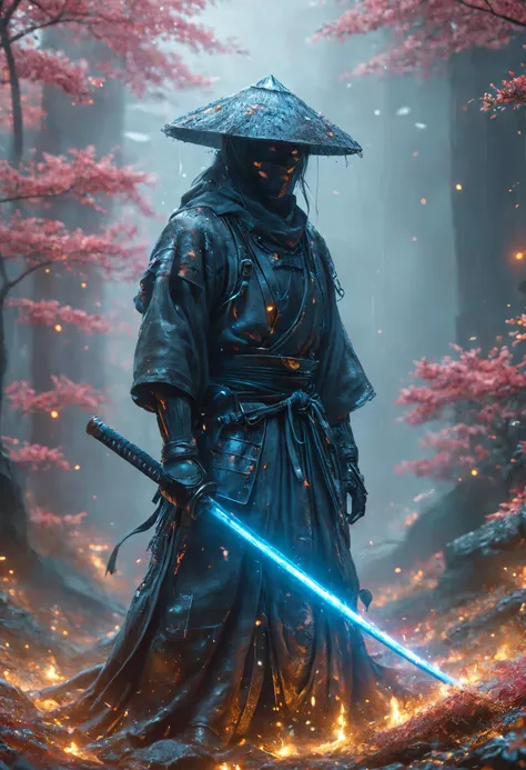 a man in a black outfit holding a sword in a forest