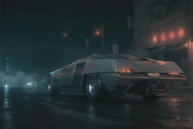 analog gloomy photo of a silver (Dome Zero car, <lora:d0m3z3r0:1>), racing down an avenue in a futuristic city at night, (neon:1.1), ((cyberpunk)), ((nighttime)), High Detail, Sharp focus, ((photorealism)), realistic, best quality, 8k, award winning, drama...