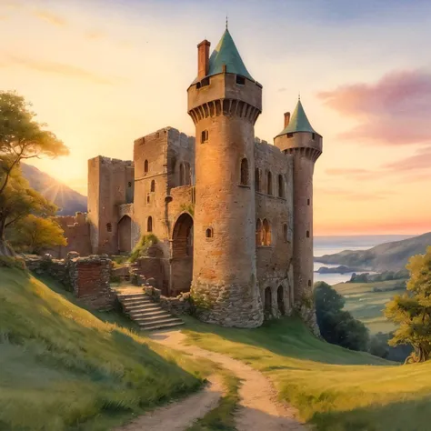 painting of a castle with a path leading to it