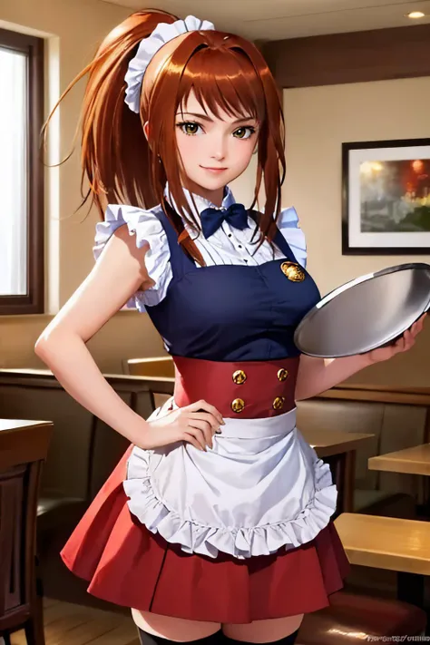 (masterpiece, best quality:1.2), <lyco:my-hime_sugiura-09:0.9>, cowboy shot, solo, 1girl, sugiura midori, smile, looking at viewer, holding tray, ponytail, waitress, puffy sleeves, apron, thighhighs