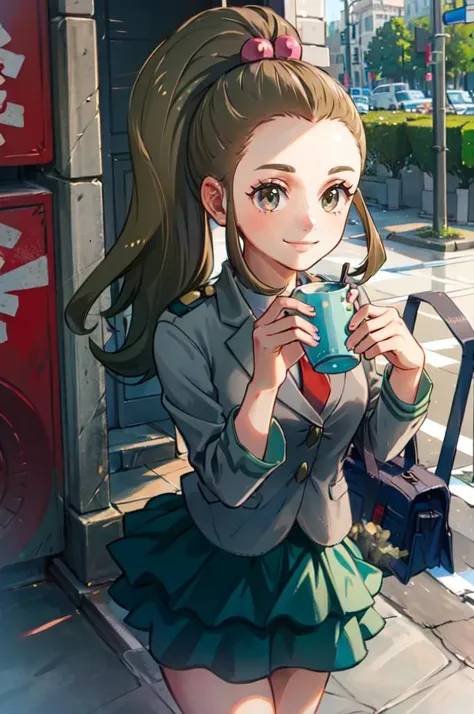 solo, smile,  <lora:schoolkid orasV3:0.8> schoolkid oras, hair bobbles,  <lora:attire_uauniforms:1> u.a. school uniform, grey jacket, red necktie, green skirt,, ultra detailed, masterpiece, best quality, aesthetic, detailed,