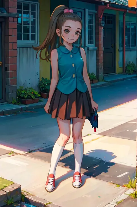 solo, <lora:schoolkid orasV3:0.7> schoolkid oras, hair bobbles, sleeveless shirt, brown skirt, kneehighs, sneaker, smile, game boy,  <lora:Range_murata_style_v02:0.8>, ultra detailed, masterpiece, best quality, aesthetic, detailed,