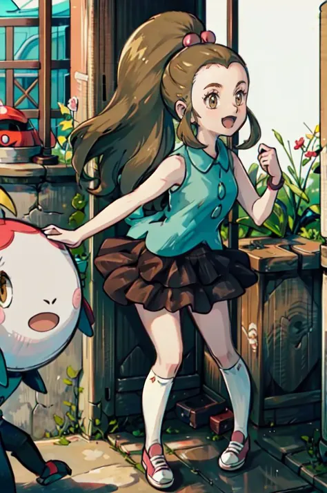 <lora:schoolkid orasV3:0.9> schoolkid oras, hair bobbles, sleeveless shirt, brown skirt, kneehighs, sneaker, smile, open mouth, pokeball, <lora:yoshida_akihiko_offset:1> yoshida akihiko,, ultra detailed, masterpiece, best quality, aesthetic, detailed,