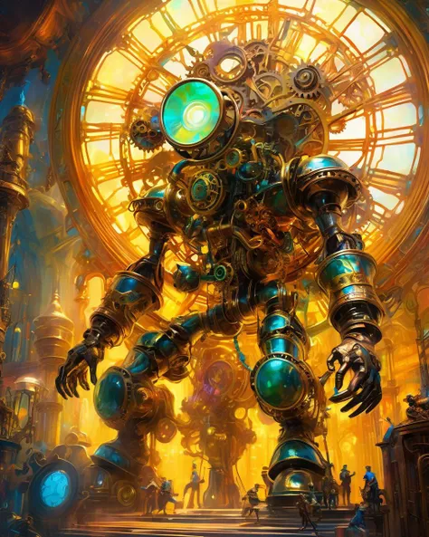 a painting of a giant robot standing in front of a clock