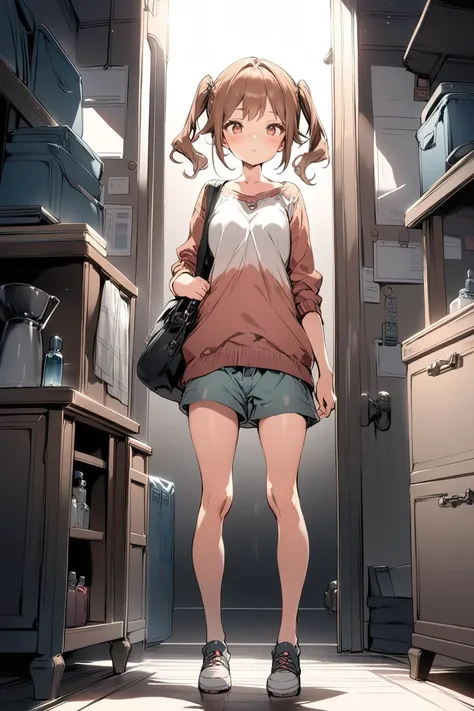 1girl, brown hair, twin tail, casual clothes, physical measurment, full body shot, front shot, style of Anmi, clear lines, late anime style, a speech bubble,  <lora:anmiXLV1:0.5>, masterpiece, best quality, highly detailed, ultra detailed, cinematic, drama...