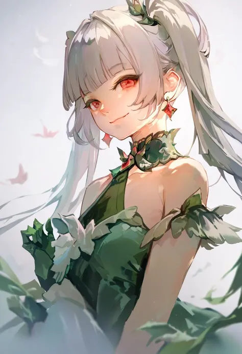 anime girl with long white hair and green dress with flowers