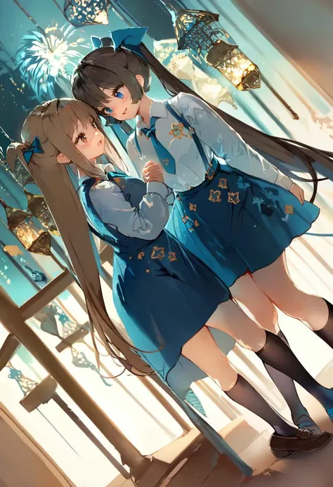 anime girl with long hair and blue dress standing next to another girl