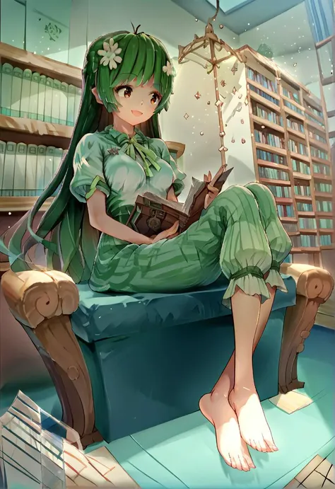 anime girl sitting on a bench reading a book in a library