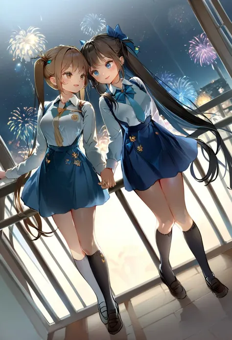 two anime girls in school uniforms standing next to each other