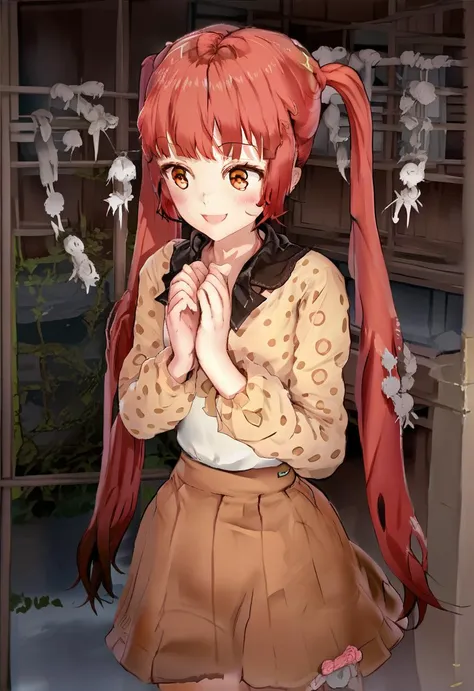 anime girl with red hair and brown skirt standing in front of a window