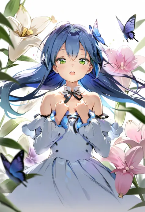 a woman with long blue hair and green eyes standing in a field of flowers