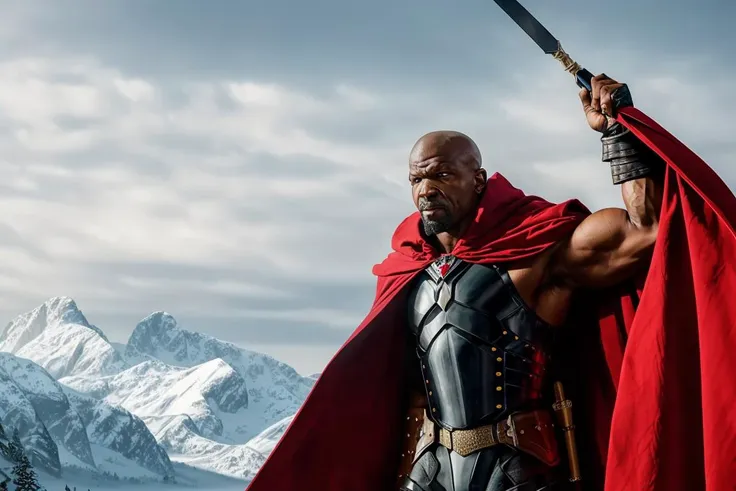 a man in a red cape holding a sword and standing in front of a mountain