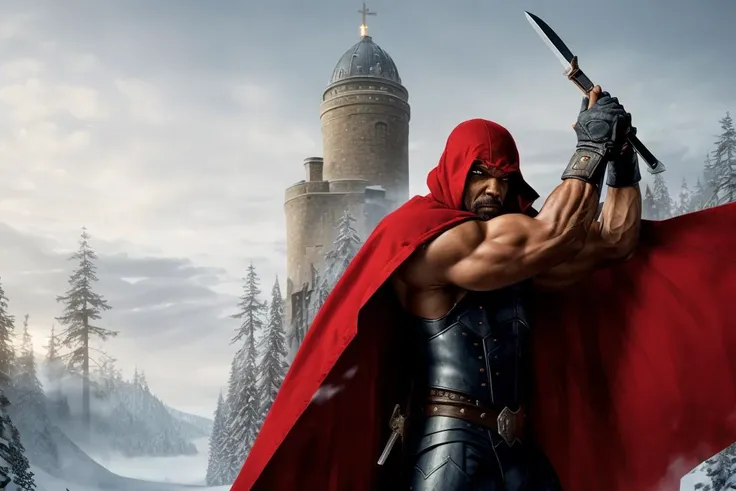 arafed image of a man in a red cape holding a sword