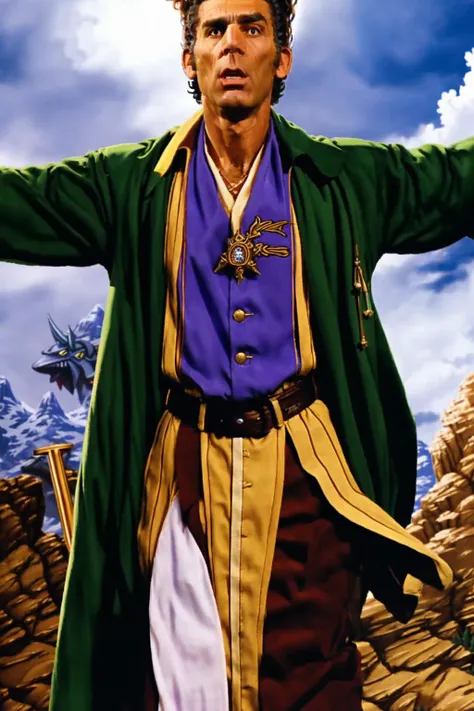 painting of a man in a green coat and purple shirt with his arms outstretched