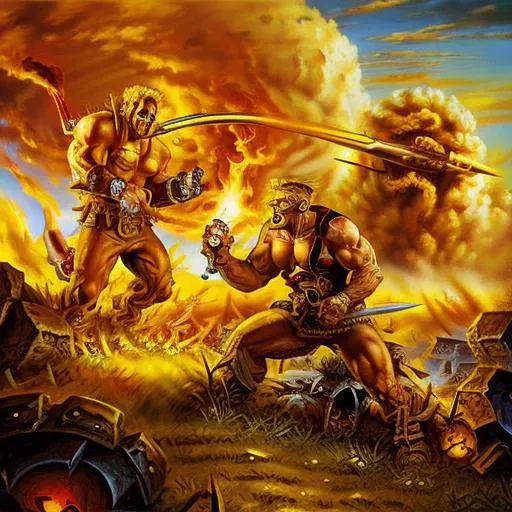 a painting of two men fighting with swords in a field