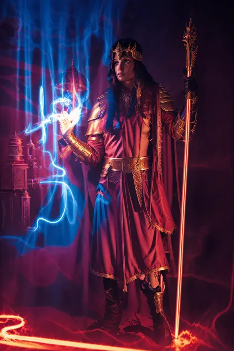 a man dressed in a red robe holding a staff and a glowing staff