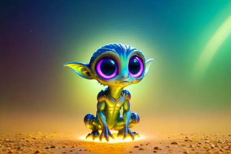 a close up of a small alien with glowing eyes sitting on a desert