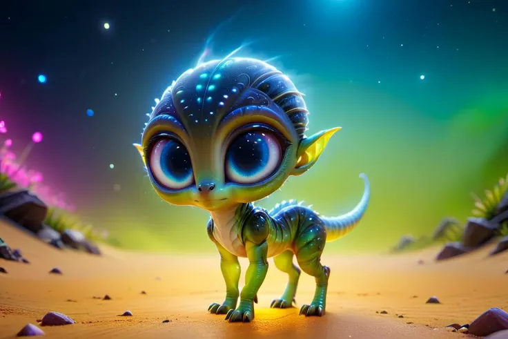 a close up of a small dinosaur with big eyes standing in a desert