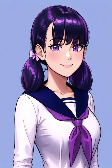 <lora:THEPIT:0.65>, THEPIT, masterpiece, best quality, 1girl, solo, twintails, purple hair, school uniform, purple eyes, sailor collar, serafuku, smile, bangs, neckerchief, looking at viewer, blue background, upper body, blush, shirt, simple background, lo...