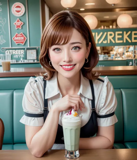 a happy woman sitting across from you inside a table in a classic retro diner with a milkshake, googie kitsch aesthetic, cinematic portrait, shot with an arriflex 35 ii, photographed on colour film, perfect artistic composition, [:highly detailed eyes, hig...