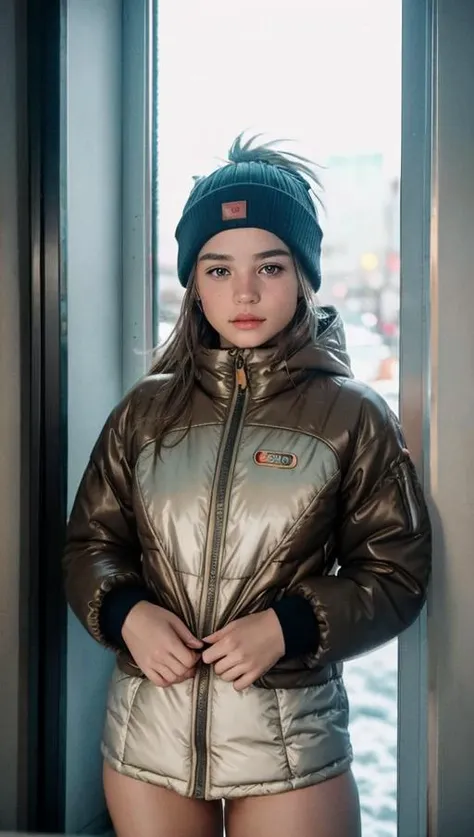 a woman in a shiny jacket and hat standing in a doorway