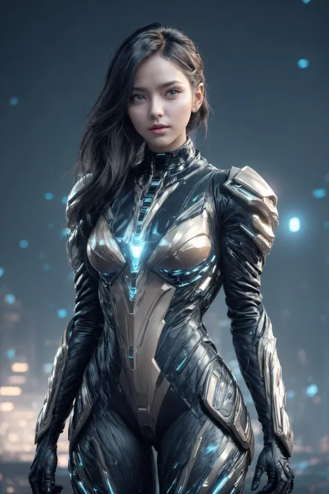 a woman in a futuristic suit stands in front of a city