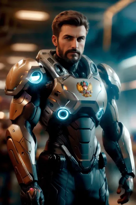 spacesknigts, russian, solo, short hair, brown hair, 1boy, upper body, male focus, armor, blurry, blurry background, facial hair, realistic, power armor<lora:SpacesKnigts_2:0.8>