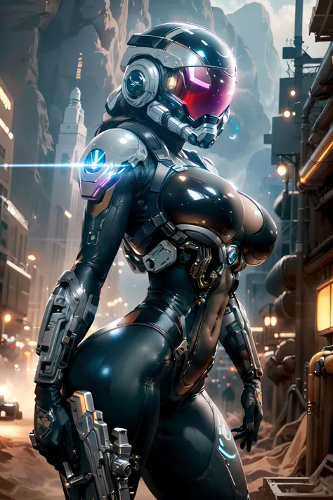 (masterpiece, best quality, ultra detailed, absurdres)1.5, 1girl, (sexy, beautiful woman, perfect face, perfect eyes, perfect female body, huge breasts)1.5, (science fiction, spacesknigts, armor, bodysuit, helmet, holding laser rifle,  <lora:SpacesKnigts2:...