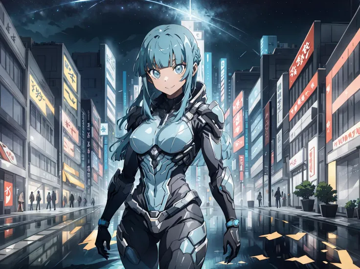 a woman in a futuristic suit walking down a city street