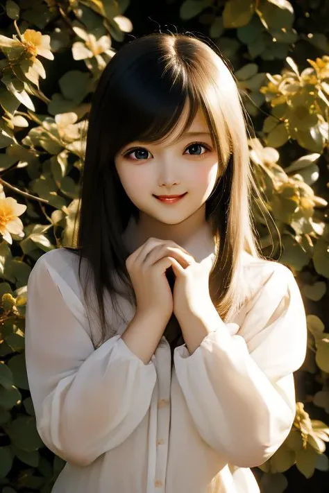 a close up of a woman posing in front of a bush